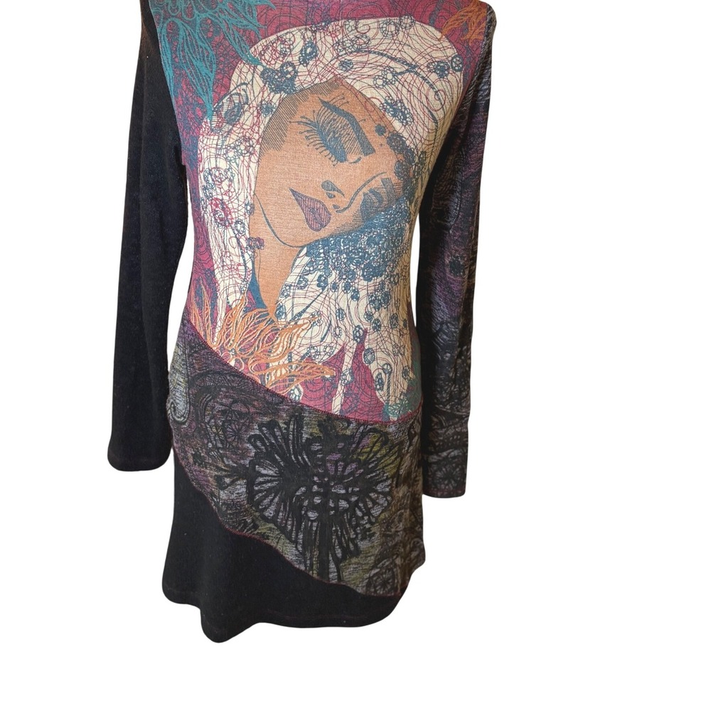 M DY Design Tunic Dress Medium Black Cowl‎ Neck Graphic Print Acrylic Spandex